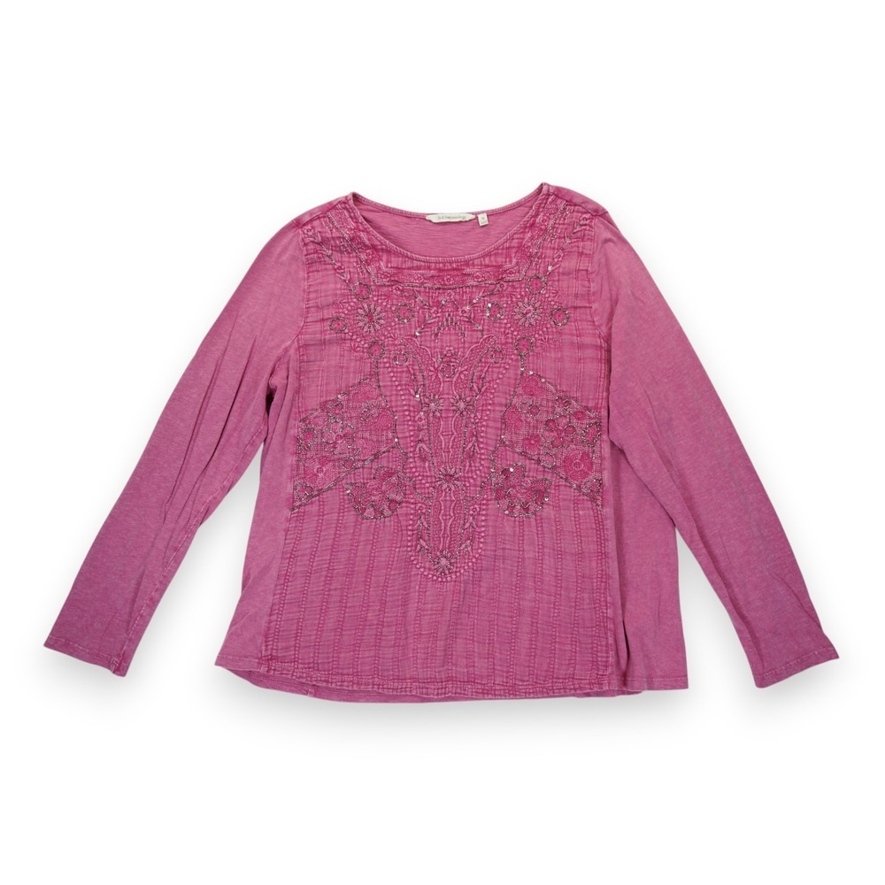 Soft Surroundings Women's XL Pink Shirt Embroidered Long Sleeve Top Cotton